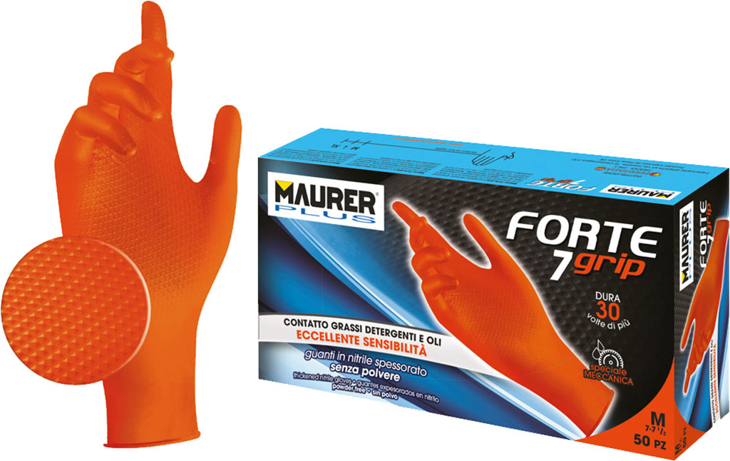 Guanto in nitrile TAGLIA M  MAURER PLUS mod. FORTE GRIP 7 - spessorato, riutilizzabile - senza polveri, anallergico - con grip a