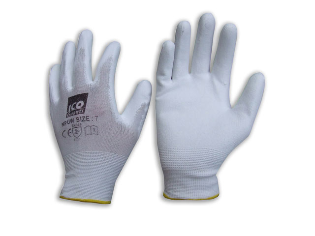 GUANTO IN POLIURETANO BIANCO TAGLIA M 7 riusabile in supporto di maglia elasticizzata monofilo senza cuciture (seamless). Anatom