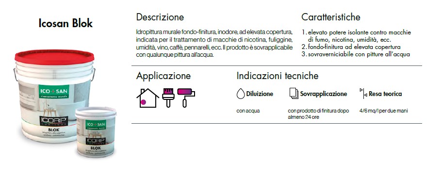Idropittura murale fondo-finitura ICOSAN BLOK 2,5LT BIANCO. Inodore, ad elevata copertura,indicata per il trattamento di macchie