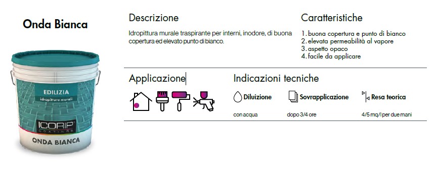 IDROPITTURA TRASPIRANTE PER INTERNI BIANCA 14LT ONDA BIANCA  ICORIP