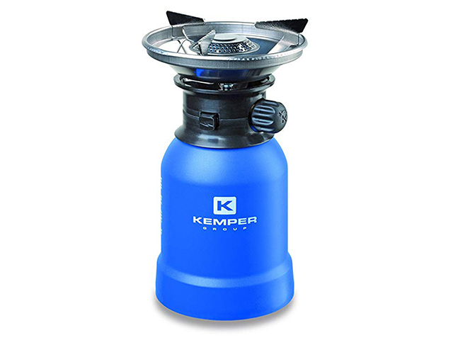 Kemper KE2008 fornello di elevatissima potenza grazie all'effetto di riflessione del piattello antivento in acciaio inox. Base d