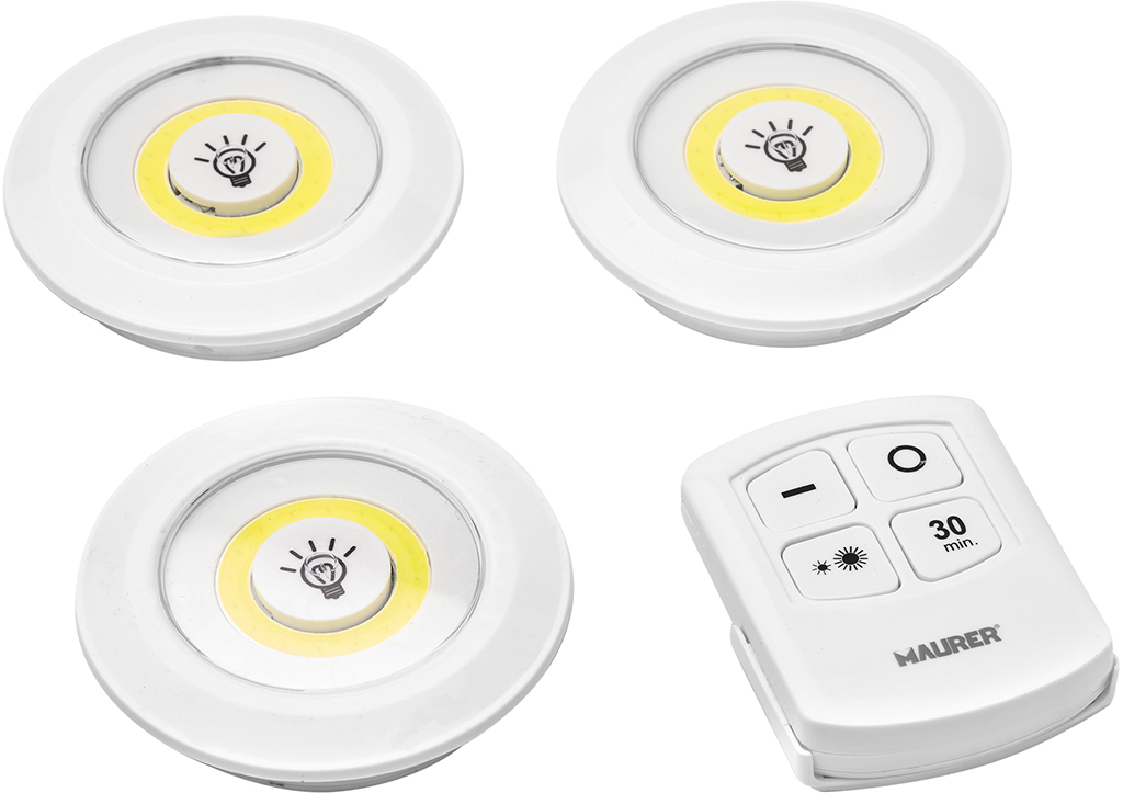 Kit 3 lampade per armadi MAURER - accensione spegnimento con telecomando o manualmente - 2 livelli di luminosità - funzione time