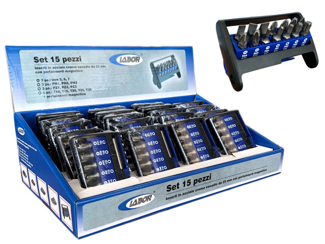 Labor set 15 pezzi di inserti in acciaio cromo vanadio da 25mm con portainserti magnetico. Composto da Taglio mm 5 6 7, Philips 