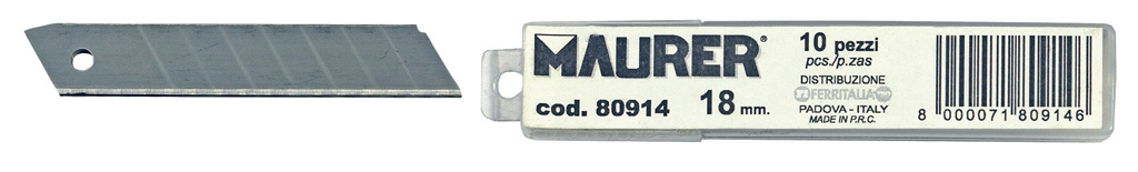 Lama a spezzare MAURER per cutter - in acciaio trattato SK5 - larghezza 18 mm - confezione in blister da 10 pezzi