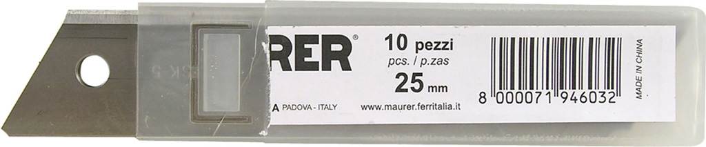 Lama a spezzare MAURER per cutter - in acciaio trattato SK5 - larghezza 25 mm - confezione in blister da 10 pezzi