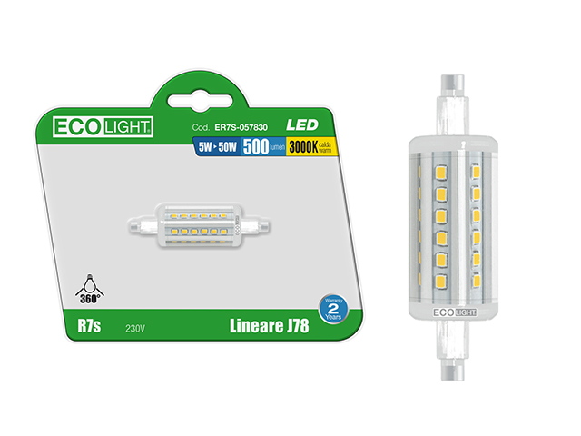 Lampada led lineare 5W->50W 500Lumen, luce 3000k J78. Attacco R7s. Durata 20000 ore, 15000 accensioni, classe A+. Angolo 360°. 2