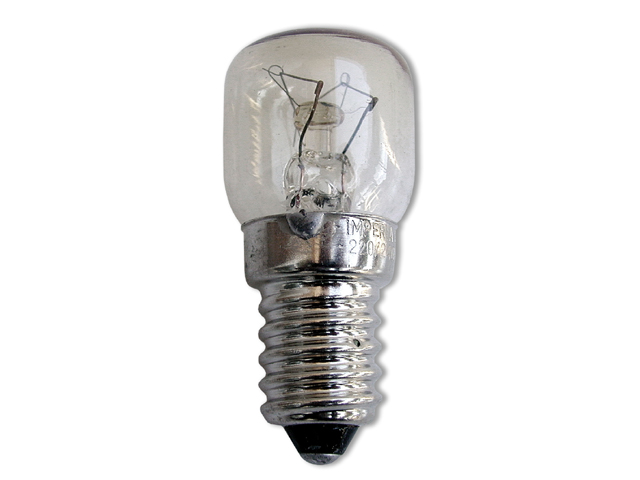 Lampadina 13W  CHIARA PER FRIGO a inadescenza a peretta, attacco E14. Diametro mm.25, lunghezza mm.57.