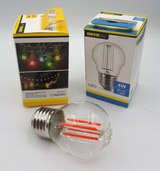 LAMPADINA A GOCCIA LED CON FILAMENTI E27 4W COLORI ASSORTITI BLU-GIALLO-ROSSO-VERDE