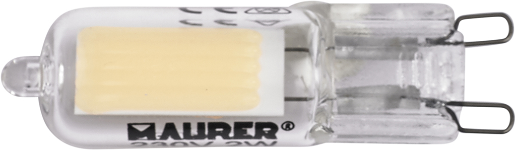 Lampadina a LED 2W = 22W bispina MAURER - attacco G9 - 3000°K (luce bianca calda) - angolo fascio luminoso 300° - A+
