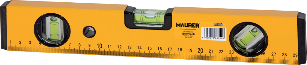 Livella MAURER in alluminio verniciato giallo con 3 bolle MM600