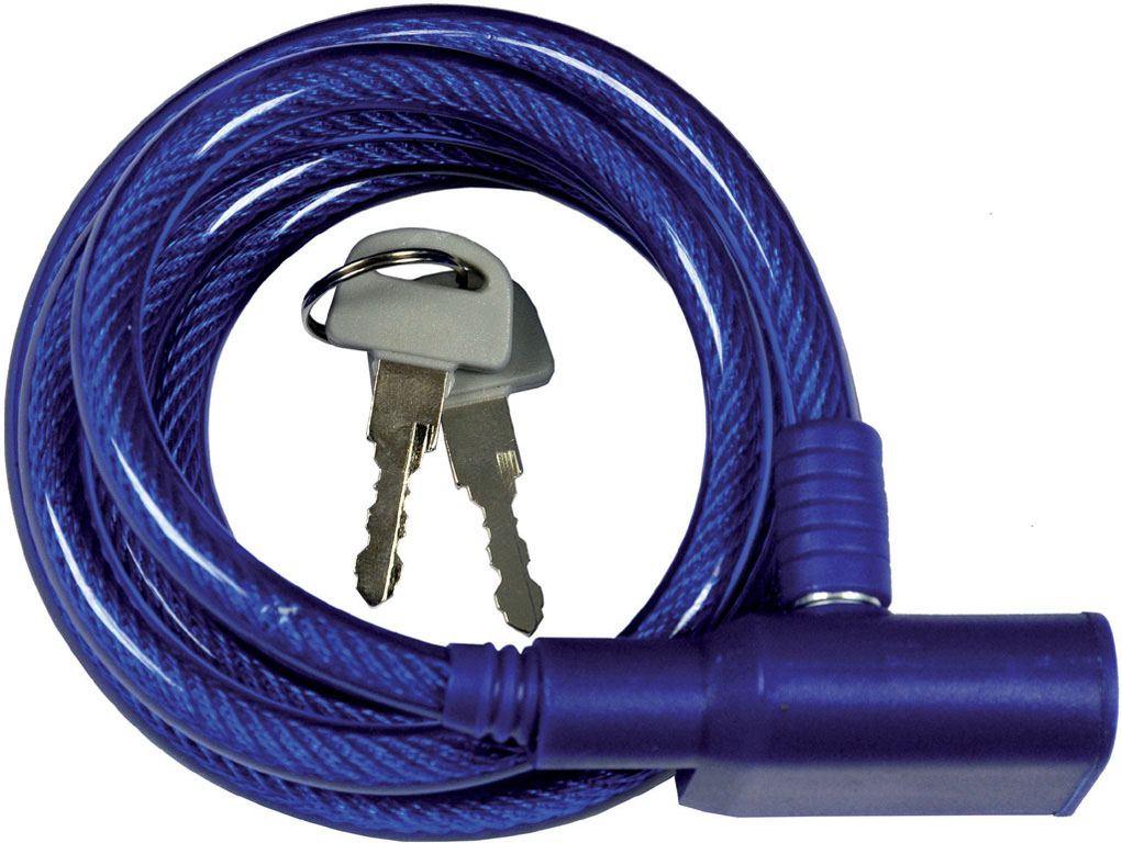 Lucchetto con cavo MAURER per cicli -  chiusura a scatto - cavo a spirale in acciaio rivestito 150 cm - con 2 chiavi stampate