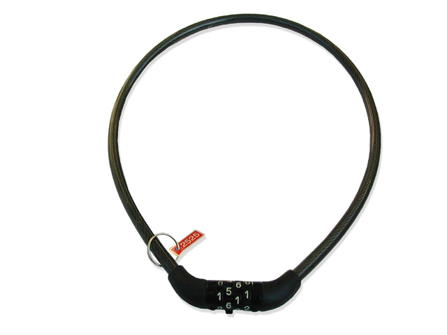 Lucchetto nero a cavo a combinazione a 4 cifrature fissa. Dimensioni diametro mm.8, lunghezza 650mm. Colore nero.