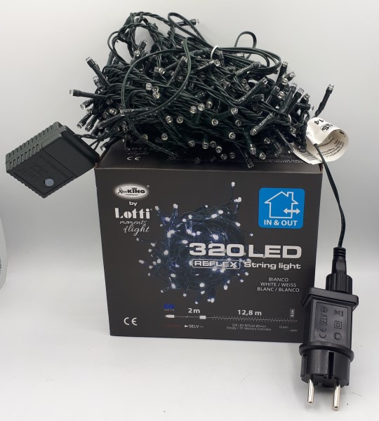 LUCI NATALE COLORE BIANCO  320LED cavo 2mt+12,8mt di luci.Catena lineare Ø5mm Reflex, con memory controller, 8 giochi di luce se