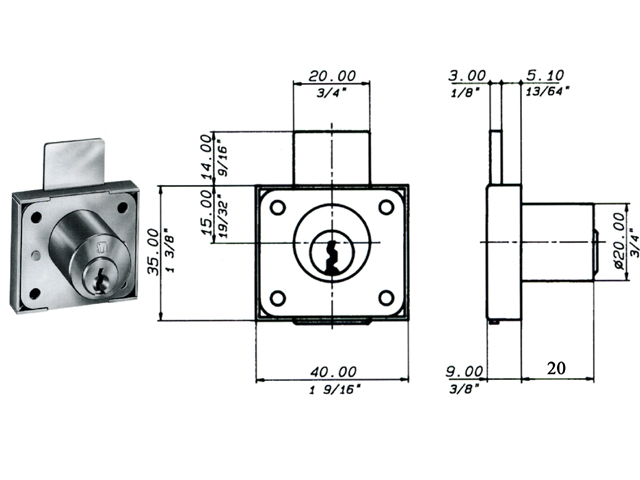 Meroni 2241 serratura da applicare. Cilindro mm.20, rotazione 360° (2 uscite chiave), acciaio zincata, con 2 chiavi art.1824. Ap