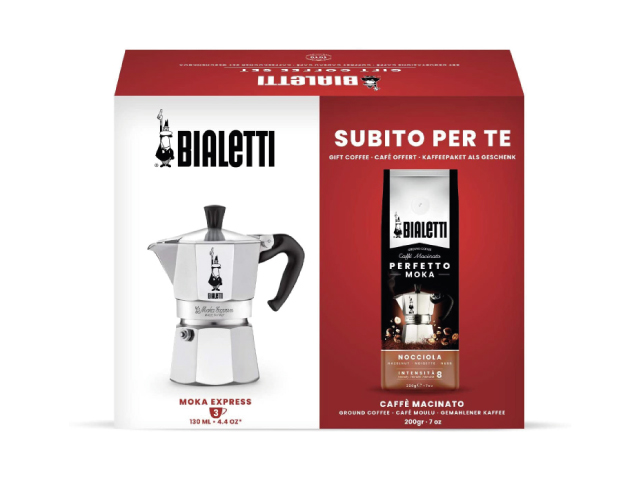 MOKA EXPRESS 3 tazze + 200G CAFFÈ CLASSICO. Caffettiera in alluminio con confezione da 200 gr. di caffè classico. Può essere uti