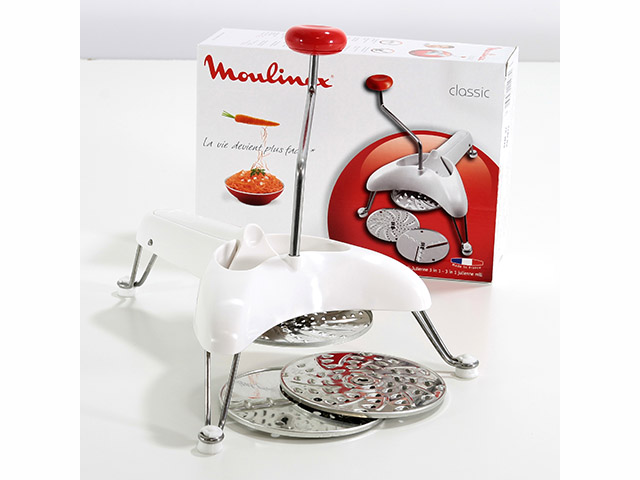 MOULIN JULIENNE N.2Passaverdura manuale con 3 dischi in acciaio inox per grattugiare e tagliare a fette tonde o a julienne le ve
