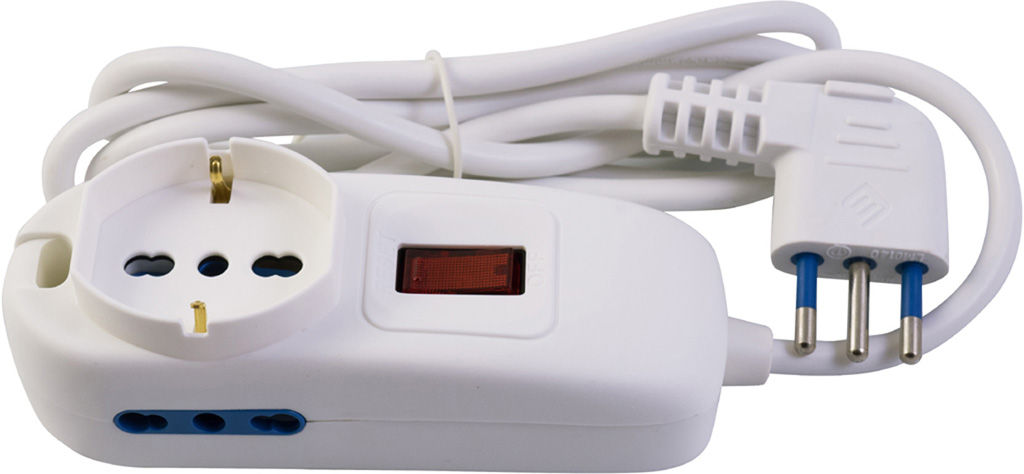 Multipresa MAURER a 1 uscita Schuko e 2 uscite laterali bipasso 2P+T 10/16A , spina 2P +T 10A - con interruttore automatico di s