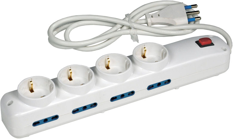 Multipresa MAURER a 4 uscite superiori 2P+T 16A Schuko e 8 uscite laterali bipasso 2P+T 16A - spina 2P+T 16A - con interruttore 