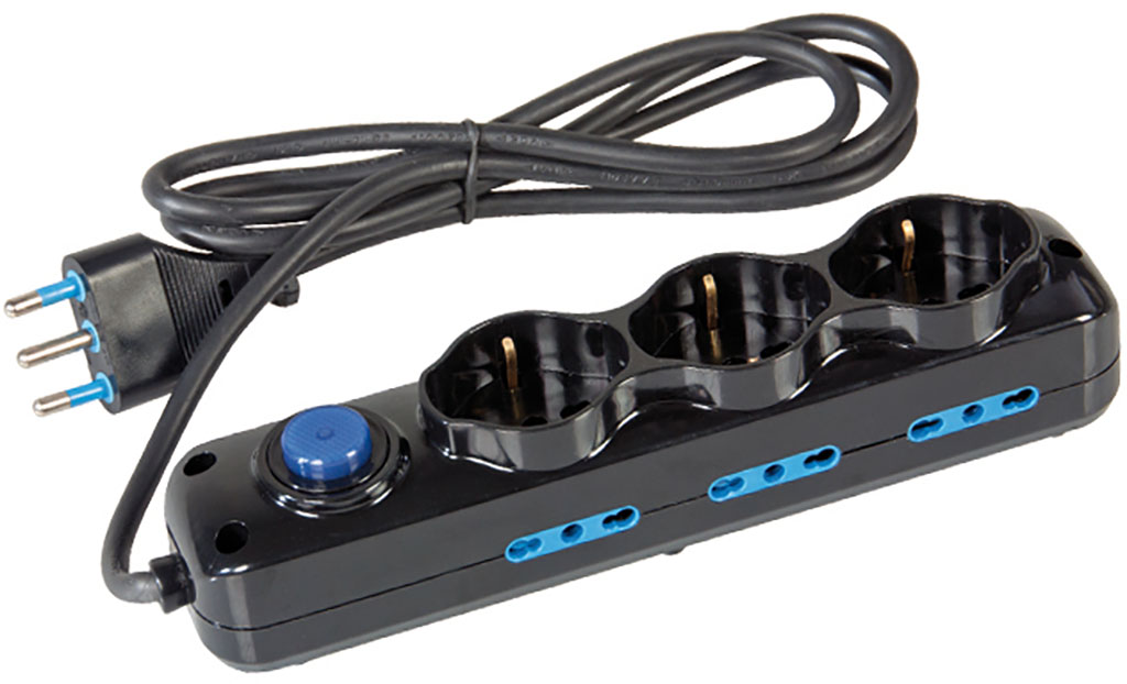 Multipresa nera a 3 uscite superiori 2P+T 16A bipasso/Schuko e 6 uscite laterali 2P+T 16A bipasso  - spina 2P+T 16A - con interr