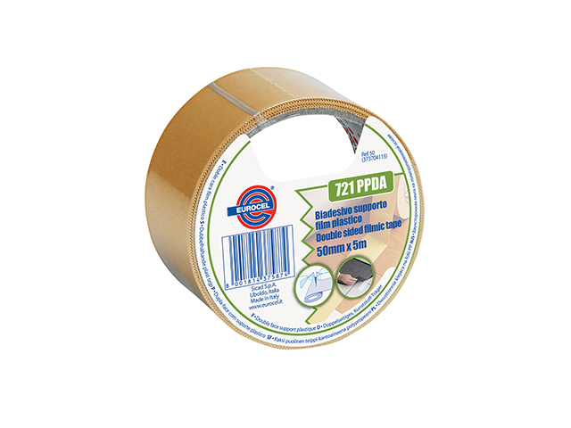 Nastro biadesivo 50mm x 25mt 721 PPDA con supporto in film plastico adatto al fissaggio di moquettes e tappeti.