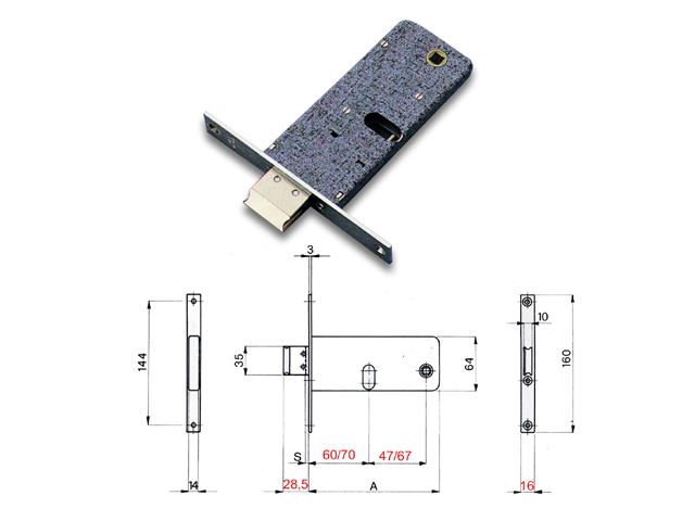 Omec serratura 780 E70 F16 a cilindro ovale da infilare per fasce a 2 mandate. quadro 8mm