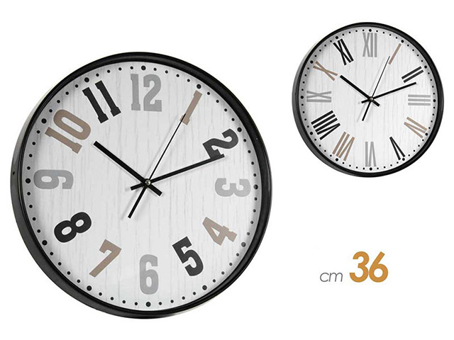 OROLOGIO DA PARETE TONDO CM36. Orologio da parete tondo bordo nero con numeri romani.