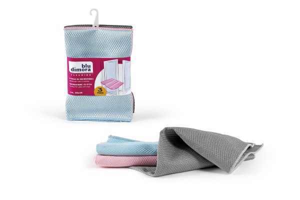 PANNO IN MICROFIBRA CM 40X40, ideale per vetri e acciaio, 3 pezzi. BLU DIMORA