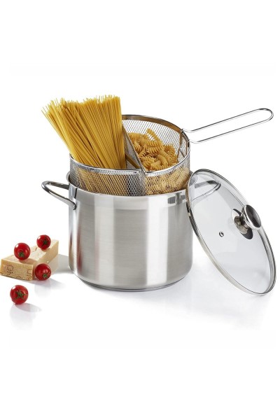 PASTAIOLA DOPPIO CESTELLO CM 24 IN ACCIAIO INOX 18/10 TRIPLO FONDO CON MANIGLIA IN ACCIAIO AD ALTO SPESSORE E CESTELLO IN RETE B