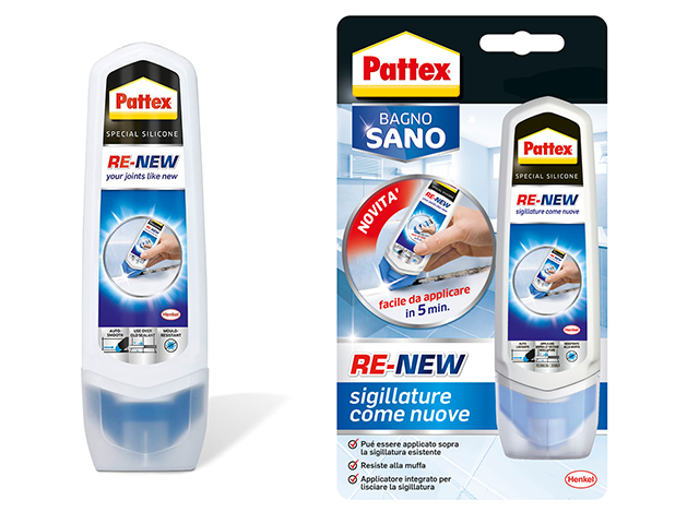 Pattex Re-new rinnova e sbianca le fughe tra le piastrelle. Non è necessario rimuovere le sigillature esistenti. Packaging innov