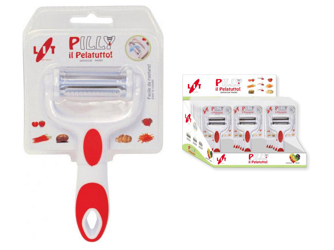 Pelatutto a 3 lame Pilly, facile da ruotare, ideale per le verdure.