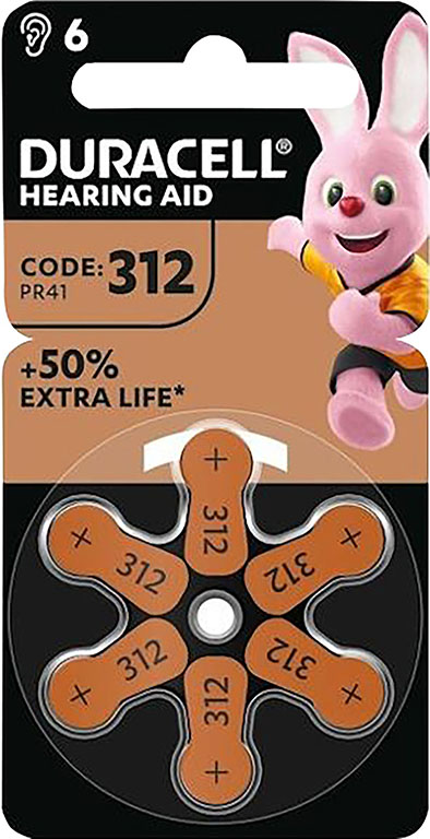 PILE 312 DURACELL 6 PEZZI, PR41 MARRONE acustica easy tab - batteria per apparecchi acustici