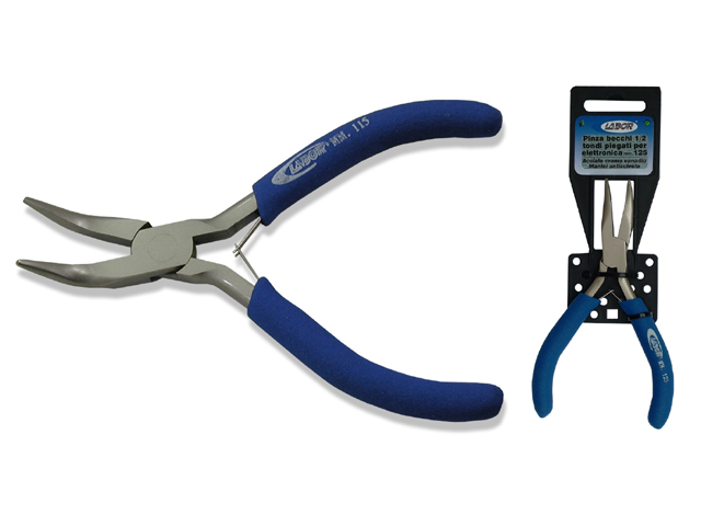 Pinza per elettronica a becchi mezzo tondi piegati, manici antiscivolo.