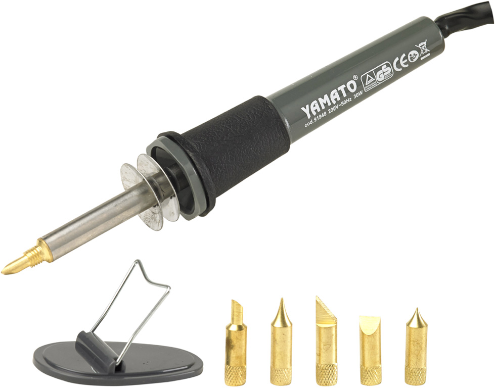 Pirografo/saldatore YAMATO per decorare legno, pelli, cuoio ecc. - 30W - dotato di 6 punte - comprensivo di supporto. ART. 91948