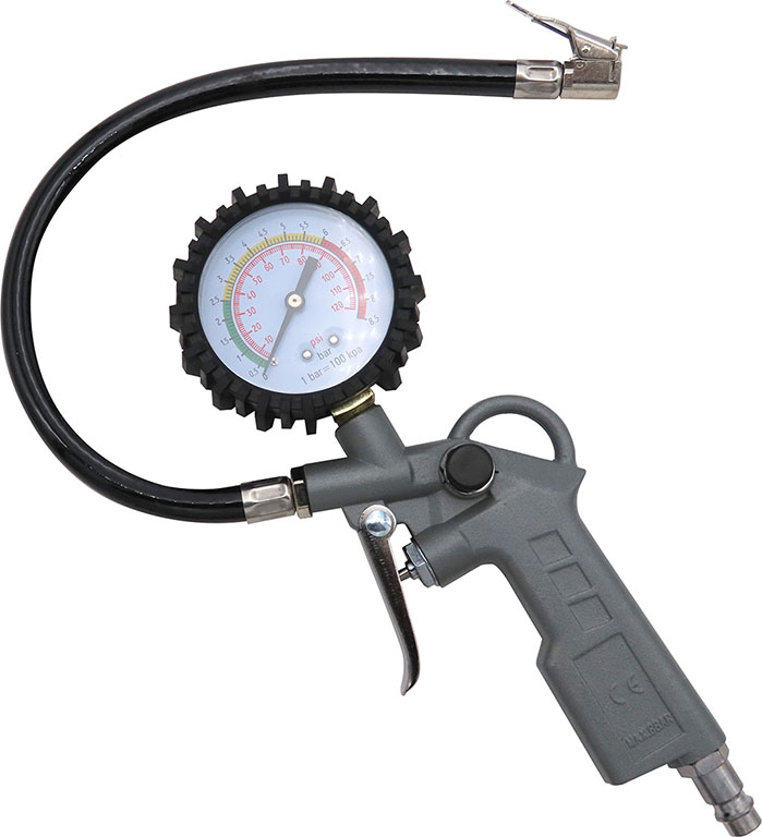 Pistola di gonfiaggio MAURER con manometro diam. 60 mm, scala 0-10 bar - testina gonfiaggio 25 W - tubo gomma 30 mm - finitura s