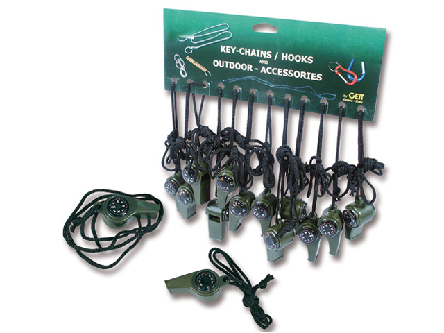 Portachiavi/Fischietto Military-Compass in plastica. Colore Verde militare. Dotato di bussola termometro e pratico cordino.