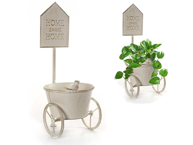 PORTAVASO 1 POSTO 17X42CM IN METALLO. Portavaso in metallo con ruote decoro HOME sweet HOME per una pianta.