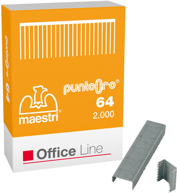 Punti metallici Maestri con finitura lucida color oro - punti 64 ORO per cucitrici passo 6 mm e punti 126 ORO per cucitrici pass