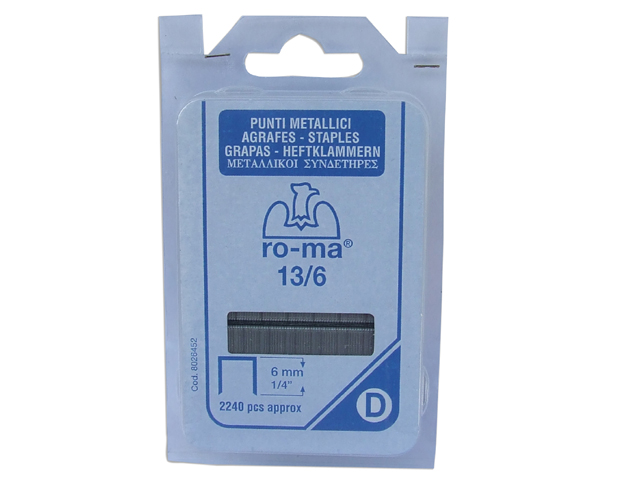 Punti RO-MA 13/6 per fissatrici zincati. Larghezza mm.10,65. Spessore mm.0,75. ( per puntatrici RAPID ). 2240 PEZZI