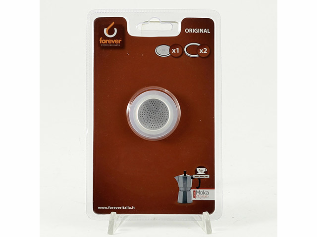 RICAMBI CAFFETTIERABlister contenente 1 piastrina filtro e 2 guarnizioni in silicone per caffettiere in alluminio Forever, Prest