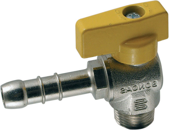 Rubinetto a sfera nichelato per gas A SQUADRO CON PORTAGOMMA PER GAS LEVA GIALLA 1/2