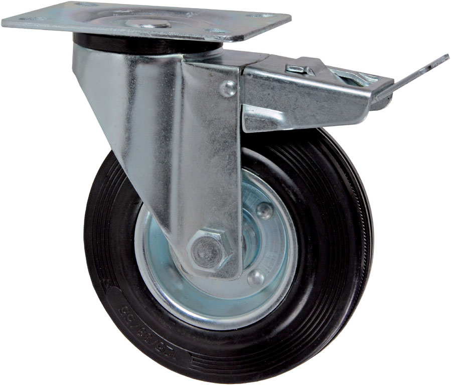 RUOTA GOMMATA CON CUSCINETTI A RULLI CON FRENO diametro mm125 con piastra girevole