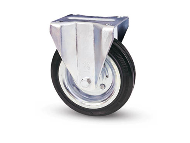 Ruota industriale con rivestimento in gomma e flange in acciaio. Su staffa fissa. Con cuscinetti a rulli. Articolo 80/A. piastra