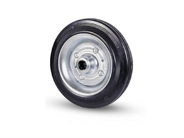 Ruota industriale con rivestimento in gomma piena 80 Shore A, flange in acciaio stampato zinco-cromato. Mozzo su cuscinetti a sf