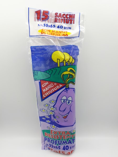 SACCHETTI PATTUMIERA PRENDIFACILE CON MANICI DI CHIUSURA PROFUMATI 55X65CM DA 15 PEZZI GRAMMI200 LT40 ART. 10050