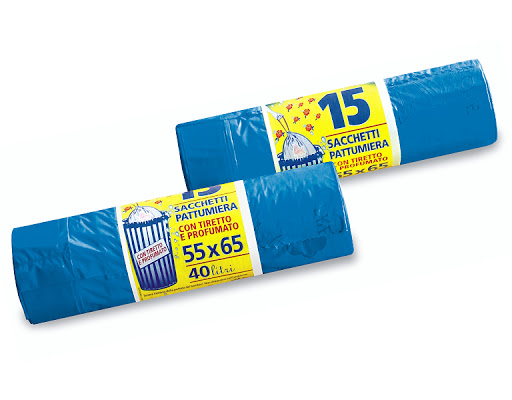 SACCHETTI PATTUMIERA PRENDIFACILE CON MANICI DI CHIUSURA PROFUMATI 55X65CM DA 15 PEZZI LT40 VERDI 220GRAMMI