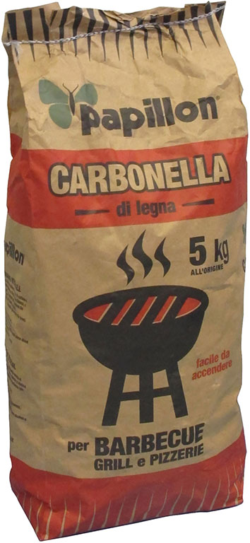 Sacchetto di carbone vegetale 5KG PAPILLON - per barbecue - ottenuto da legni duri che gli conferiscono un alto potere calorific