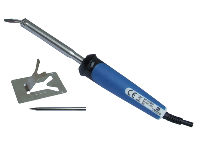 Saldatore per stagnature con manico antiurto KEMPER 25W. Corredato di punta curva a cacciavite e punta diritta, entrambe rivesti