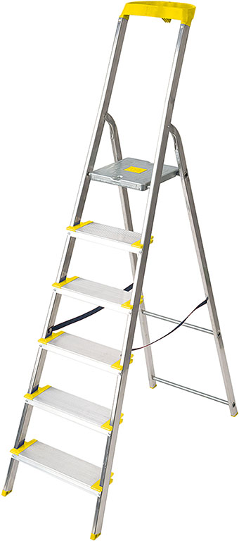 Scala a libro in alluminio 6 GRADINI - con pianale in acciaio - con ponticello di sicurezza - portata 150 kg MODELLO REGARD