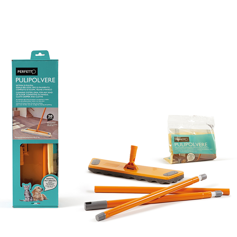 Scopa raccoglipolvere con manico da 130 cm. con 20 retine imbevute di oli minerali monouso cm. 45x22