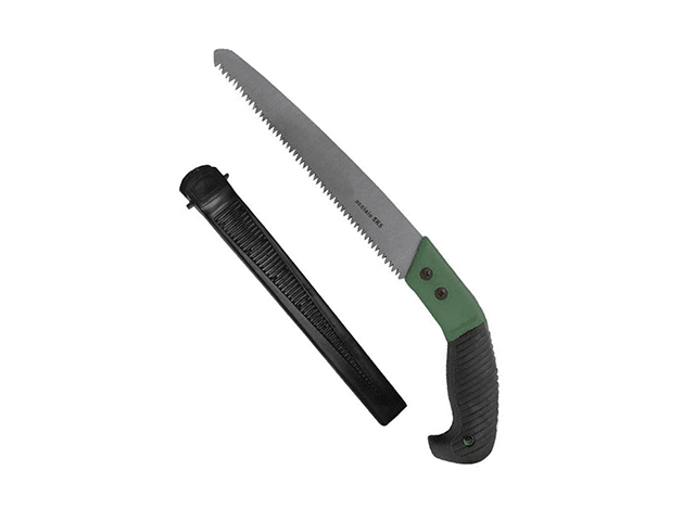 Segaccio Prestige con fodero MM180. Lama diritta in acciaio SK5. Impugnatura in gomma antiscivolo. Denti a forma piramidale e in